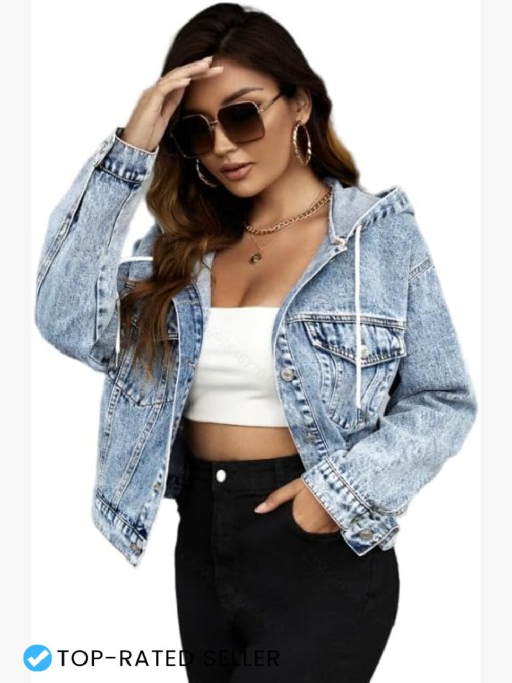 Cropped Denim Jacket Hooded Acid Wash Y2K Streetwear Waist Length Long Sleeve